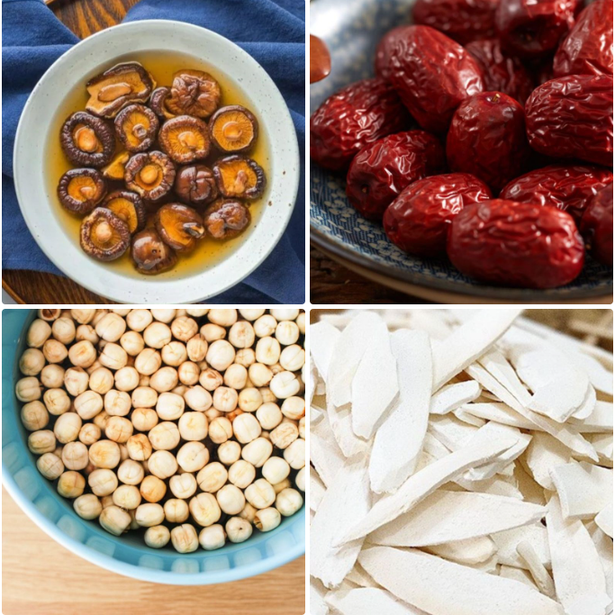 Ngâm táo, hạt sen và nấm hương