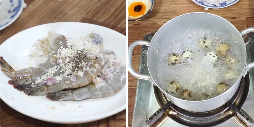 Sơ chế tôm và luộc trứng cút