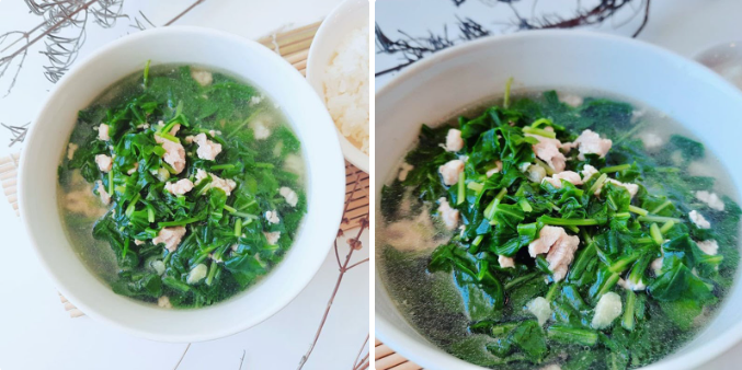 Thành phẩm - Cách nấu canh cải bó xôi nấu thịt gà băm ngọt mát, đầy dinh dưỡng