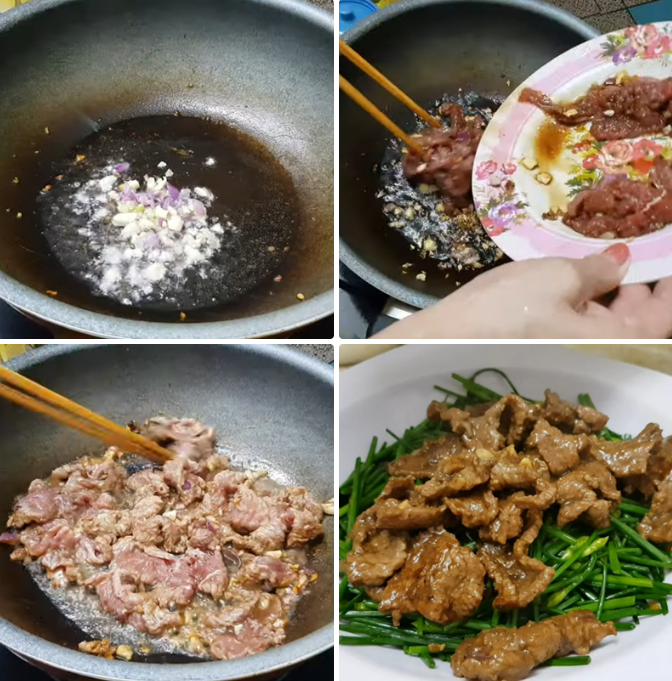 Xào thịt bò với bông hẹ