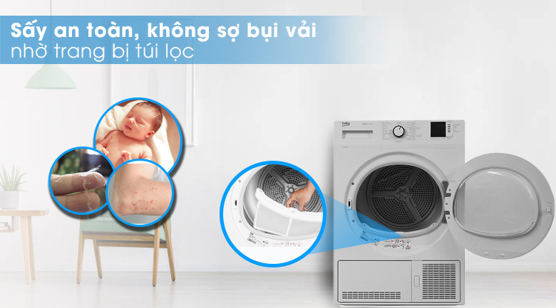 Máy sấy quần áo Beko DU8133GA0W còn thiết kế bộ lọc bụi vải