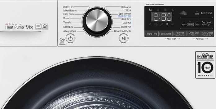 Bảng điều khiển của máy sấy LG DVHP09W bằng núm vặn có đèn LED hiển thị