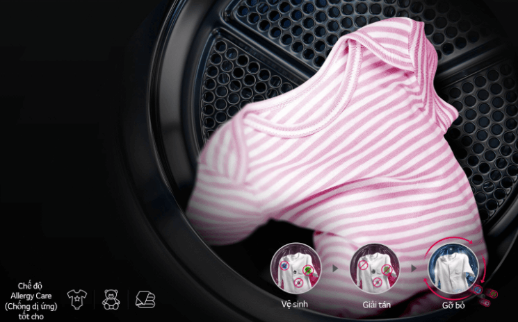 Máy sấy LG DVHP09W có chế độ Allergy Care diệt tới 99,9% vi khuẩn và mạt bụi