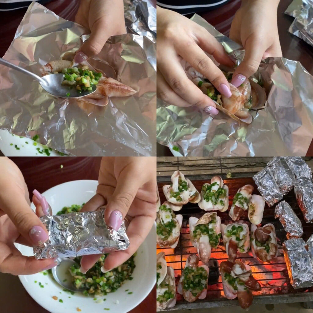 Nướng tu hài với mỡ hành