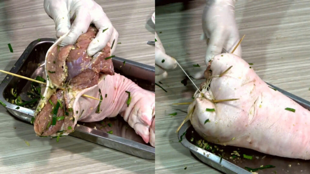 Nhồi lá mắc mật và buộc chân giò