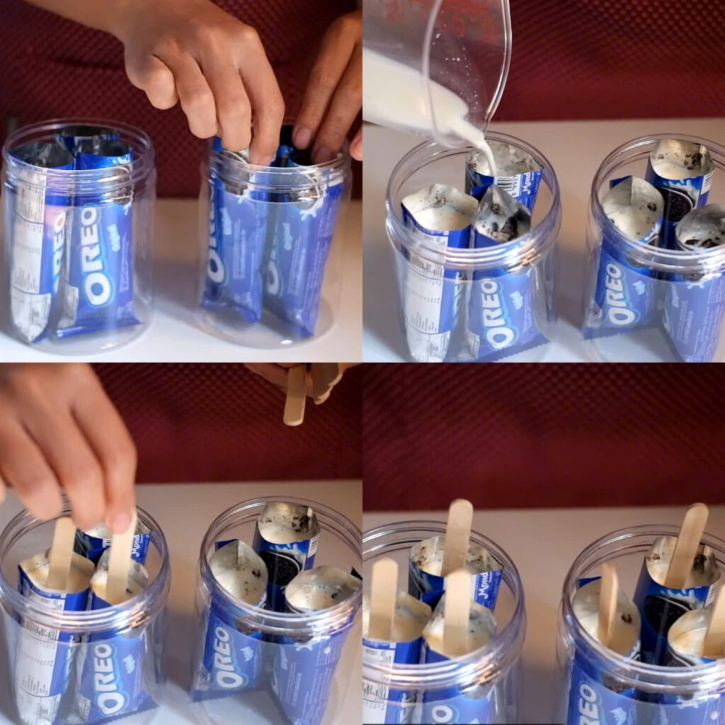 Đổ sữa vào túi bánh và làm đông