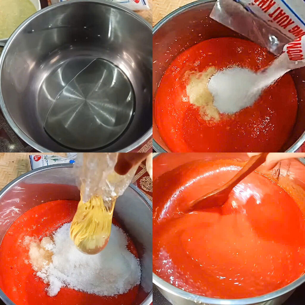 Trộn và nấu hỗn hợp gấc xay Trộn và nấu hỗn hợp gấc xay