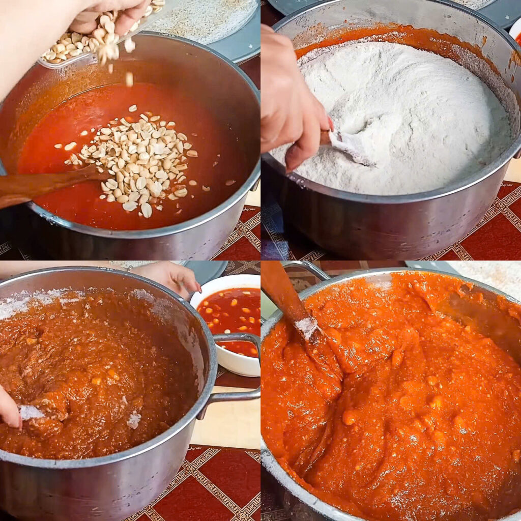 Khuấy bột vào hỗn hợp gấc Khuấy bột vào hỗn hợp gấc