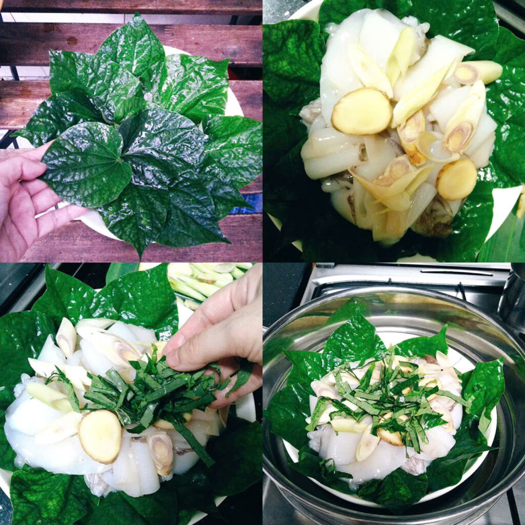 Làm mực hấp lá lốt Làm mực hấp lá lốt