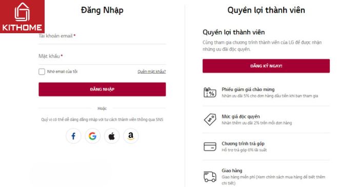 Bước 3: Đăng nhập bằng tài khoản LG hoặc khoản Google/Facebook/Apple/Amazon. Nếu bạn chưa có tài khoản thì hãy nhấn vào mục ĐĂNG KÝ NGAY rồi điền các thông tin liên quan để đăng ký tài khoản mới. Bước 3: Đăng nhập bằng tài khoản LG hoặc khoản Google/Facebook/Apple/Amazon. Nếu bạn chưa có tài khoản thì hãy nhấn vào mục ĐĂNG KÝ NGAY rồi điền các thông tin liên quan để đăng ký tài khoản mới.