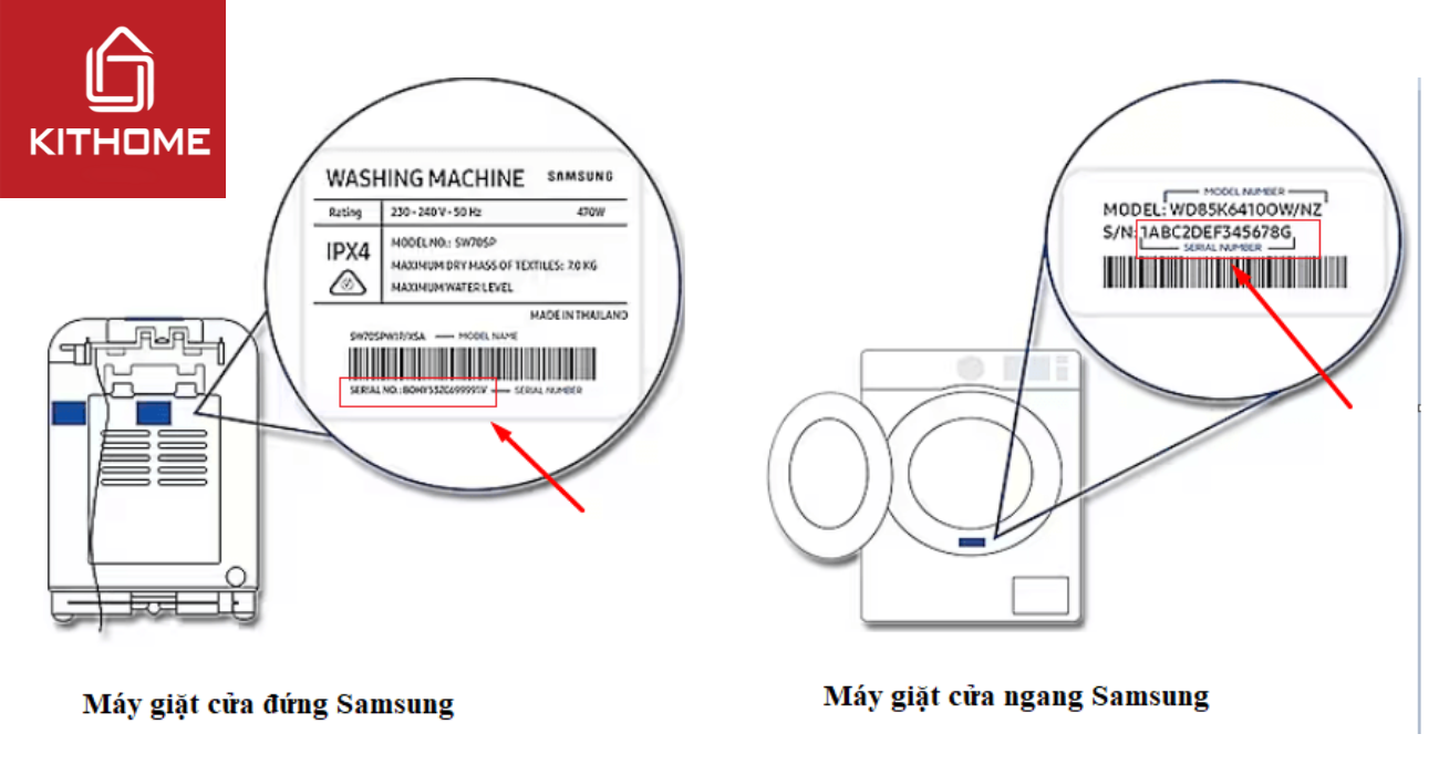 Vị trí của số seri trên máy giặt Samsung cửa trên và cửa trước Vị trí của số seri trên máy giặt Samsung cửa trên và cửa trước