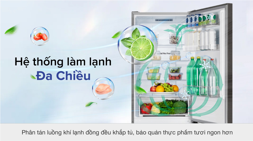 Hệ thống làm lạnh đa chiều giúp hơi lạnh lưu thông đều trong tủ Hệ thống làm lạnh đa chiều giúp hơi lạnh lưu thông đều trong tủ