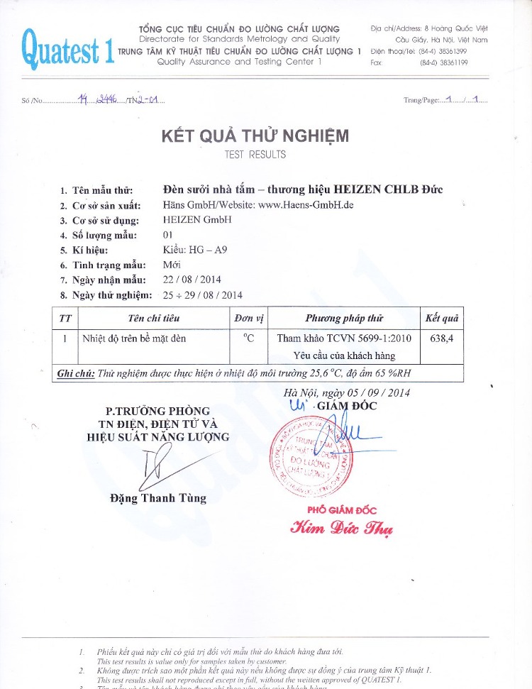 Đèn sưởi nhà tắm Heizen được cấp giấy kết quả thử nghiệm của Tổng cục Tiêu chuẩn đo lường chất lượng.