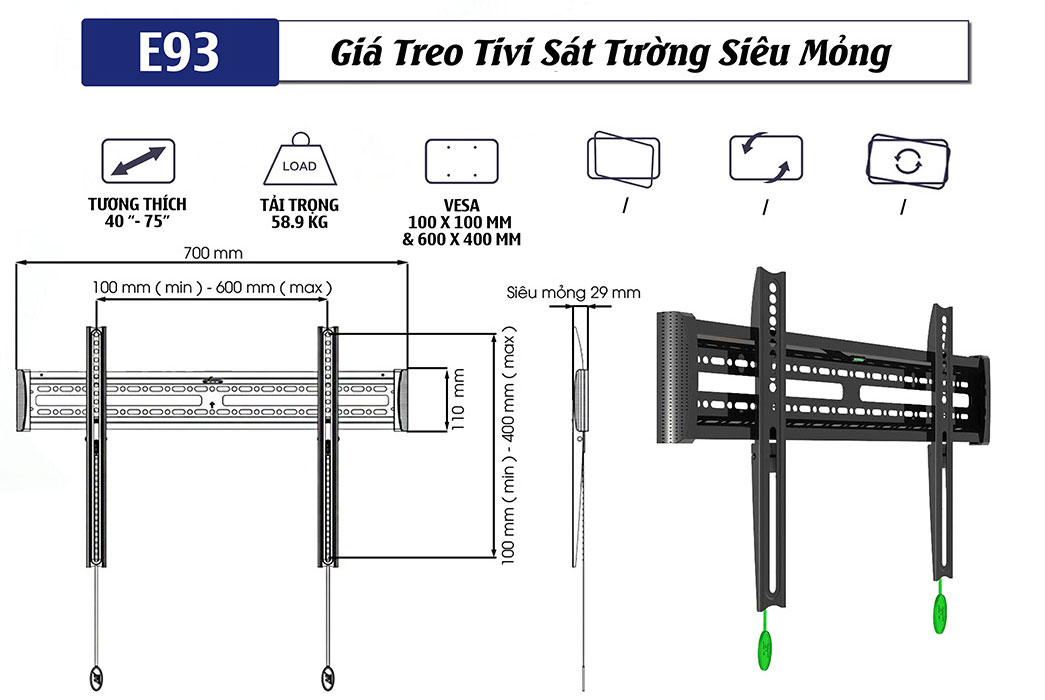 Khung treo tivi ERGOTEK E93 40 inch-75 inch