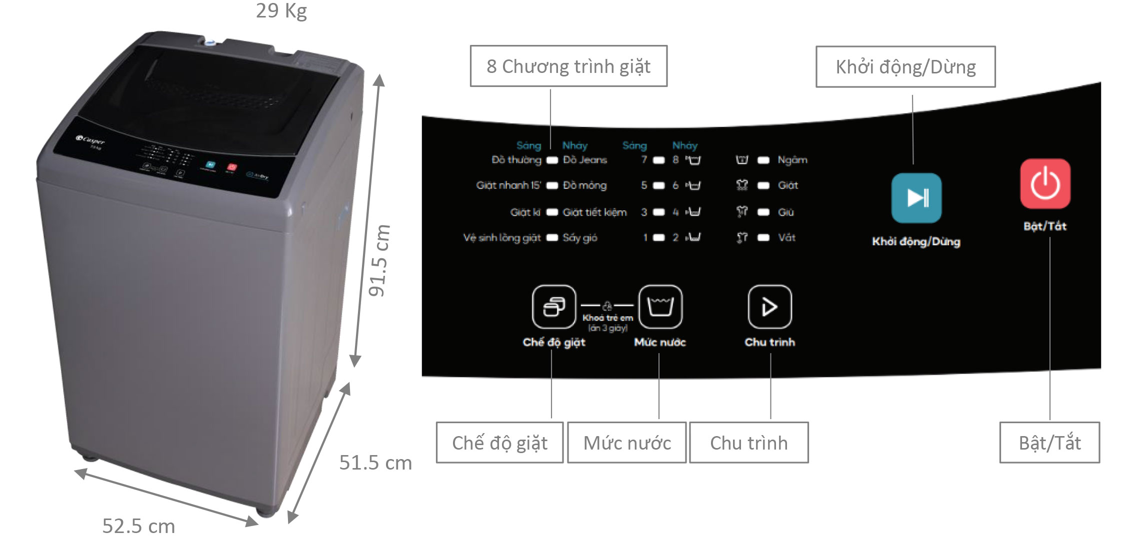 Kích thước của máy giặt lồng đứng Casper 7.5kg WT-75NG1
