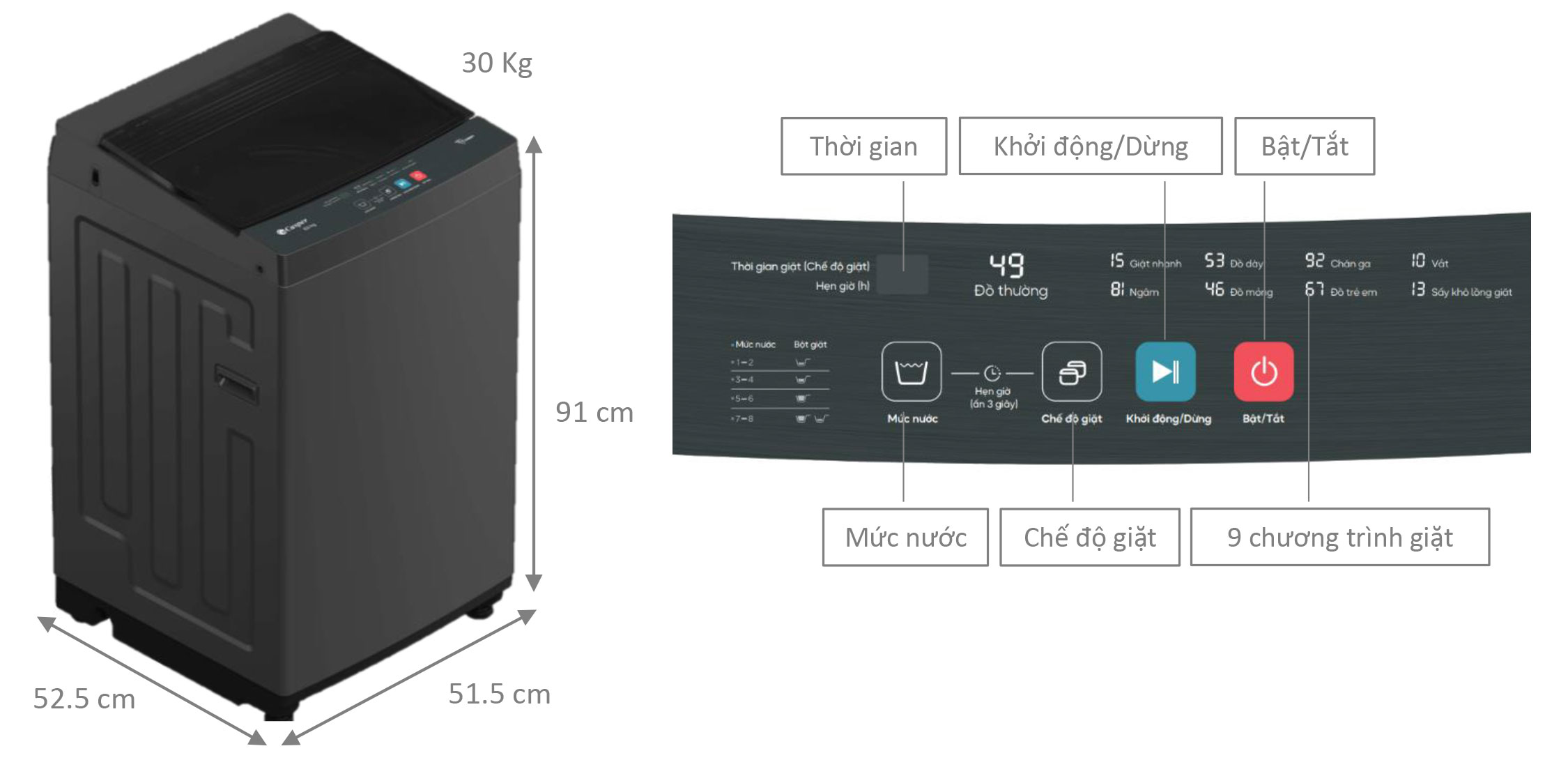 Kích thước của máy giặt lồng đứng Casper 8.5kg WT-85NG1