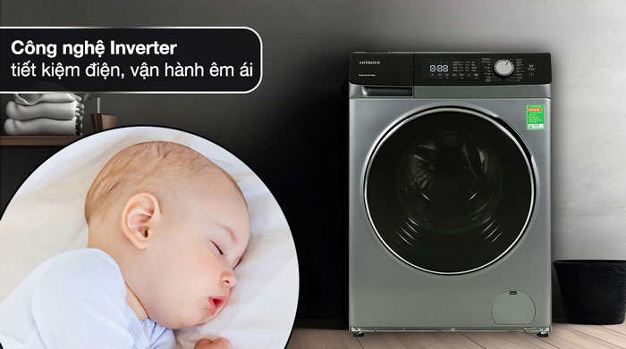 Máy giặt Hitachi 10,5kg BD-1054HVOS tiết kiệm điện năng hiệu quả nhờ công nghệ Inverter Máy giặt Hitachi Inverter 10.5kg BD-1054HVOS