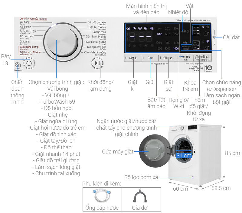 Máy giặt lồng ngang AI LG inverter 11kg FV1411S4WA