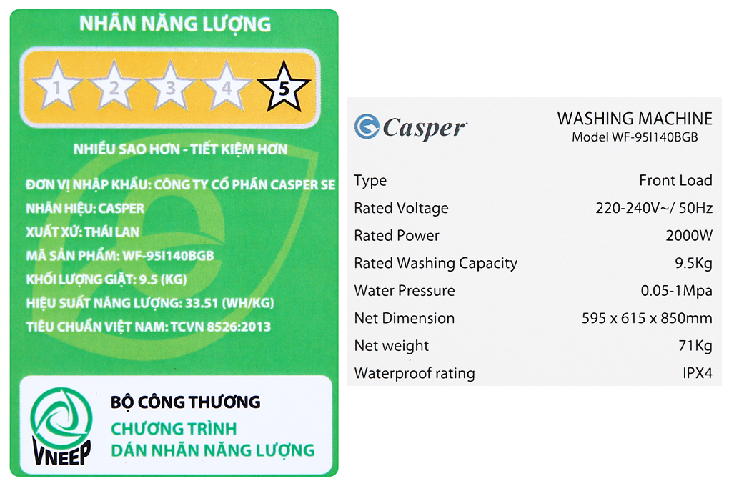 Máy giặt lồng ngang Inverter 9.5kg Casper WF-95I140BGB