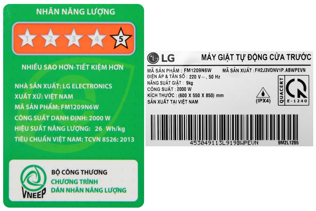 Máy giặt lồng ngang LG inverter FM1209N6W 9kg