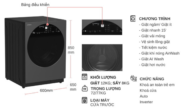 Máy giặt sấy Hitachi Inverter BD-D120XGV