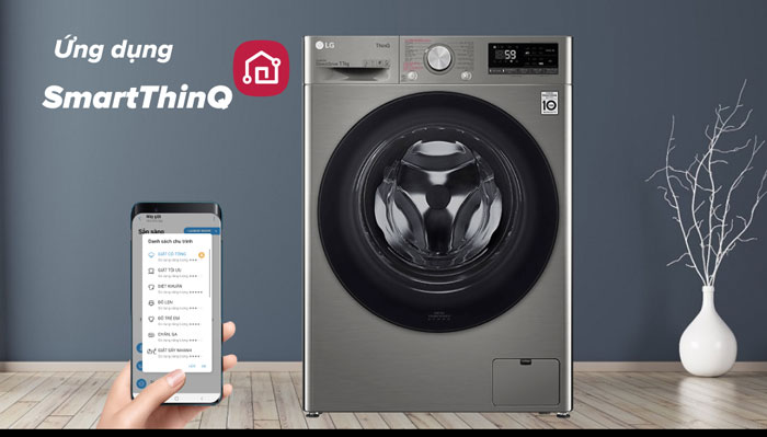 Máy giặt thế hệ mới LG Inverter 11kg FV1411S4P có khả năng kết nối với thiết bị thông minh thông qua ứng dụng Smart ThinQ Máy giặt thông minh AI LG Inverter 11kg FV1411S4P