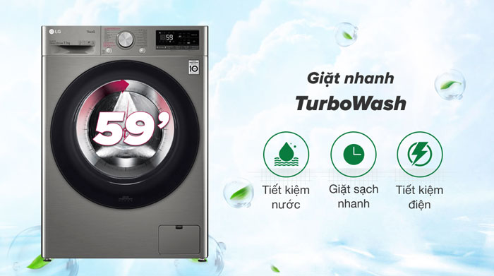 Máy giặt LG Inverter 11kg FV1411S4P sử dụng công nghệ giặt nhanh Turbo Wash Máy giặt thông minh AI LG Inverter 11kg FV1411S4P