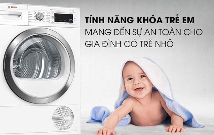 Máy sấy quần áo ngưng tụ 8kg Bosch WTB86201SG Tính năng khóa trẻ em an toàn