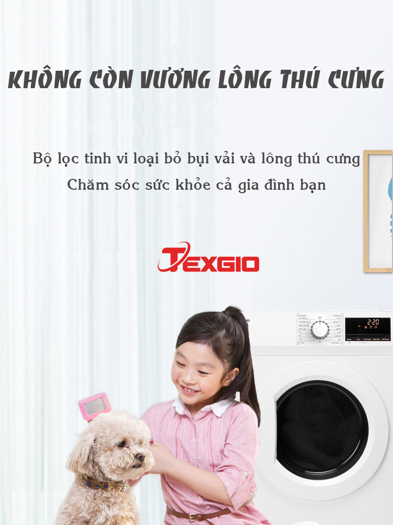 Máy sấy quần áo loại bỏ lông thú cưng hiệu quả Máy sấy quần áo ngưng tụ Texgio TGDC805 8kg