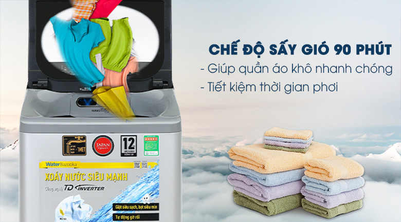 Chiếc máy giặt Panasonic Inverter 9,5kg NA-FD95X1LRV này được tích hợp chế độ sấy gió 90 phút kết hợp tốc độ quay vắt 700 vòng/phút
