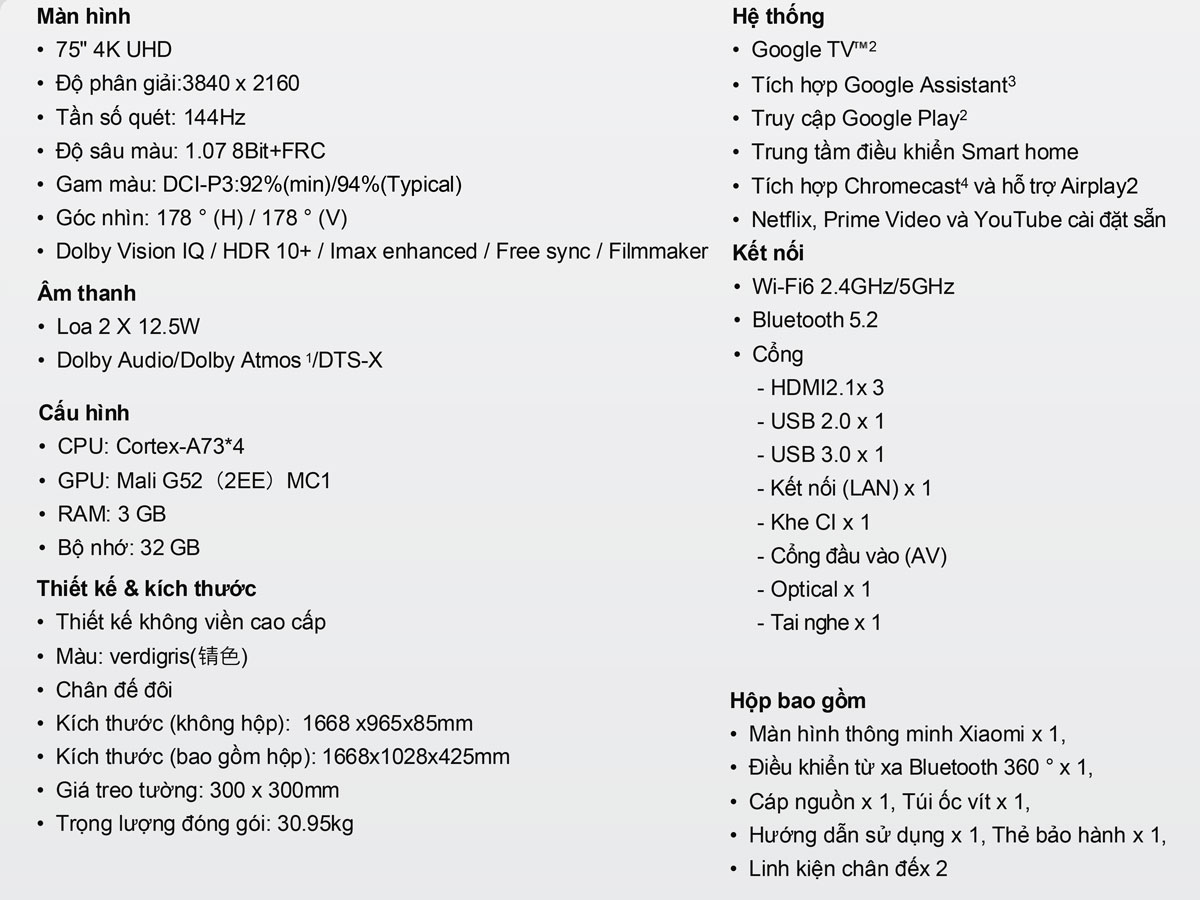 Smart Tivi Mini LED 75 inch Xiaomi S75 L75MA-SPLEA (ELA5680GL)