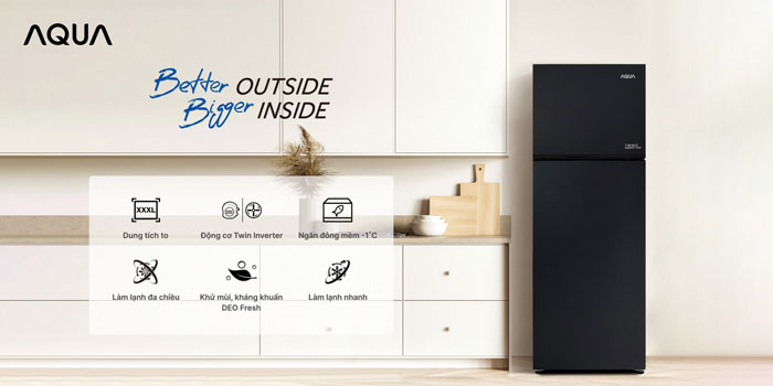 Tủ lạnh Aqua Inverter 333 lít AQR-T352FA(FB) sở hữu thiết kế 2 cánh hiện đại