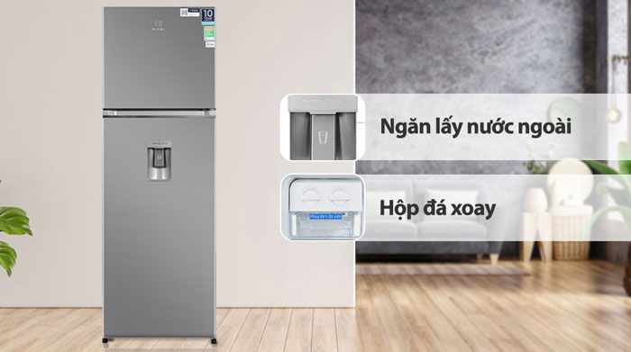 tủ lạnh 2 cánh Electrolux ETB3740K A có tính năng lấy nước ngoài, hộc đá xoay tiện lợi