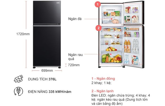 Tủ lạnh Mitsubishi Inverter 376 lít MR-FX47EN-GBK-V (Màu đen)