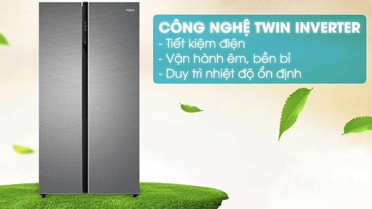 Tủ lạnh side by side Aqua 480 lít AQR-S480XA (SG) ứng dụng công nghệ Twin Inverter tiết kiệm điện năng, hoạt động êm ái
