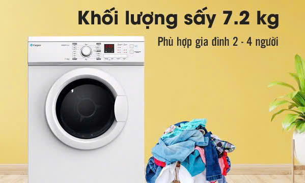 Khối lượng sấy 7,2kg phù hợp với gia đình 2 - 4 thành viên