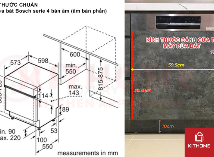 Kích thước chuẩn máy rửa bát bán âm serie 4 của Bosch. Kích thước chuẩn máy rửa bát bán âm serie 4 của Bosch.