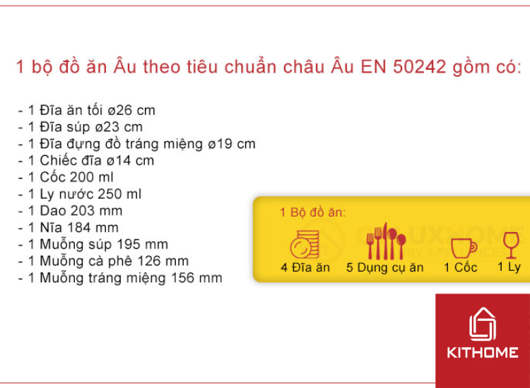 1 bộ đồ ăn theo tiêu chuẩn châu Âu.
