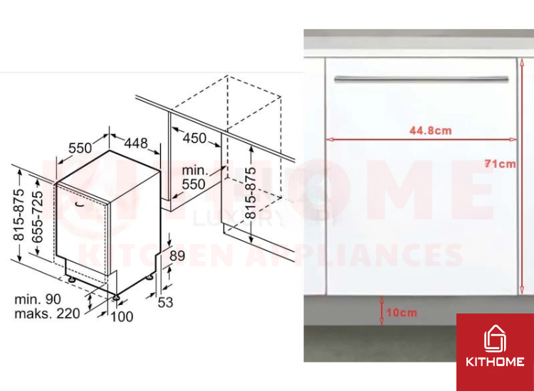 Kích thước máy rửa chén âm tủ loại 9 đến 11 bộ