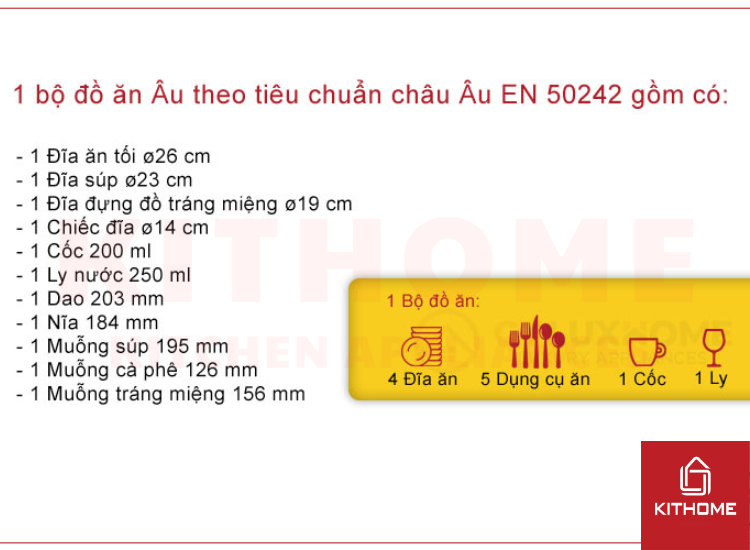 1 bộ đồ ăn theo tiêu chuẩn Châu Âu