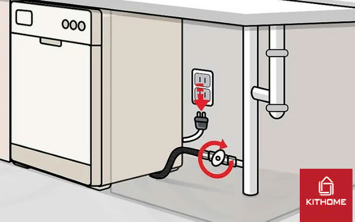 Ngắt nguồn điện và nguồn cấp nước đến máy rửa bát Ngắt nguồn điện và nguồn cấp nước đến máy rửa bát