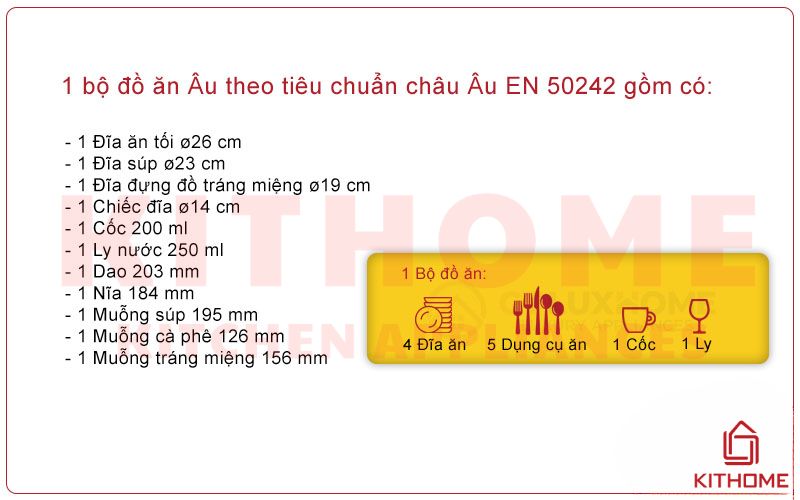 1 bộ đồ ăn theo tiêu chuẩn châu Âu.
