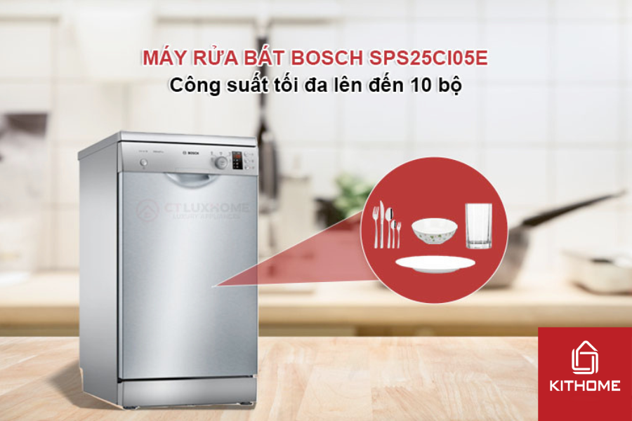 Máy rửa bát Bosch SPS25CI05E có công suất lên đến 10 bộ.