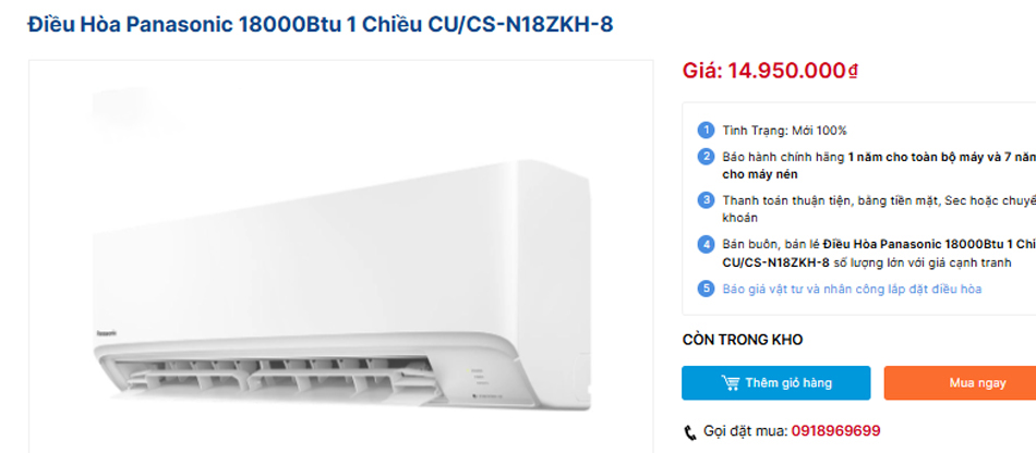 Giá bán điều hòa Panasonic CU/CS-N18ZKH-8 hợp lý với chất lượng vượt trội