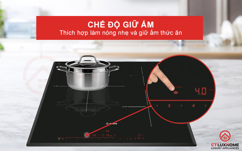 Chế độ giữ ấm tiện lợi mỗi khi bạn hâm nóng đồ ăn trên bếp từ Bosch PID651DC5E.