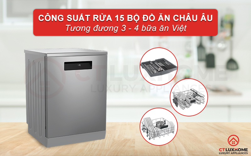 Dung tích lớn, công suất rửa 15 bộ phục vụ gia đình 4 thành viên
