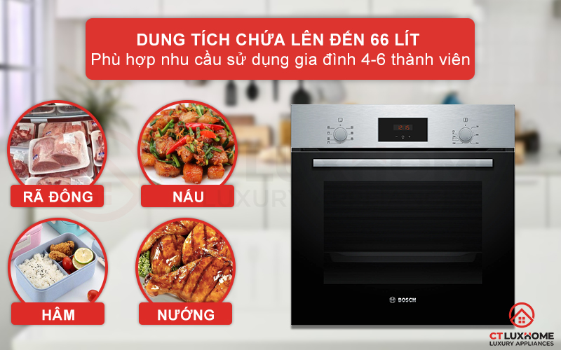 Dung tích nướng lên đến 66 lít, phù hợp với gia đình có 4-6 thành viên
