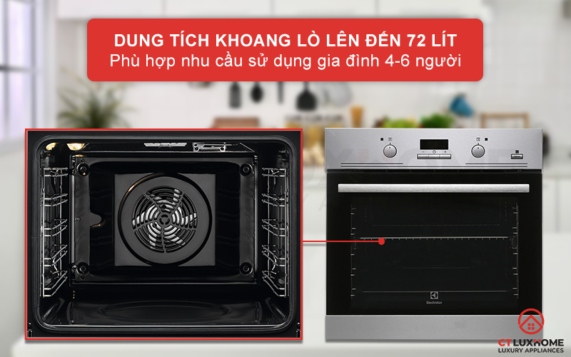 Dung tích nướng 72 lít phù hợp cho nhu cầu sử dụng gia đình 4-6 thành viên