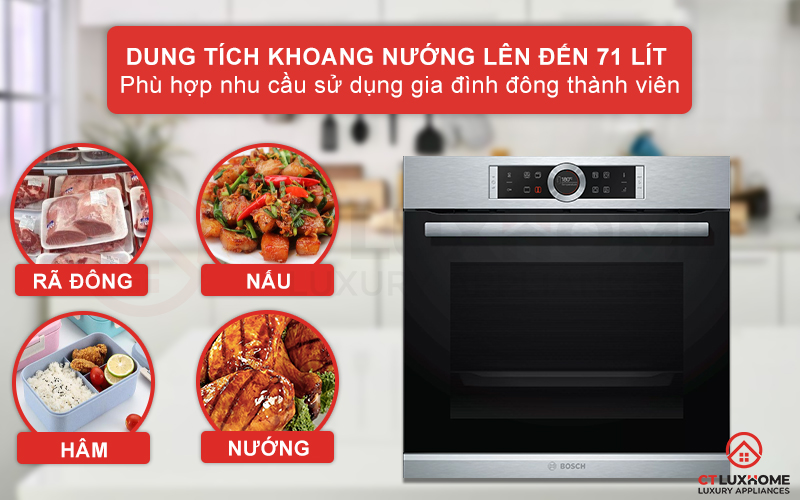 Dung tích nướng 71 lít phù hợp cho nhu cầu sử dụng gia đình 5-6 thành viên