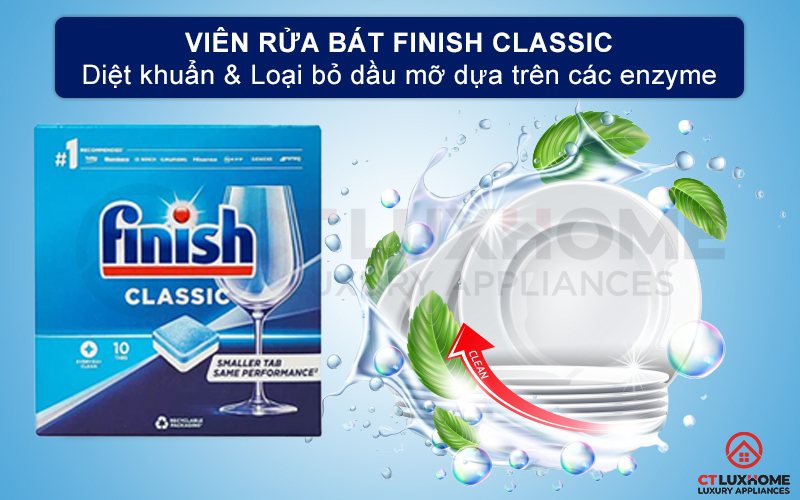 Viên rửa bát Finish Classic 90 viên đánh bay mọi vết dầu mỡ dựa trên các enzyme đặc biệt